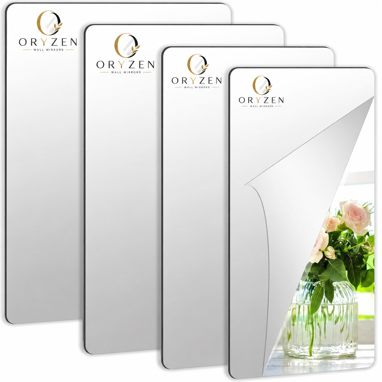 ORYZEN Rectangle Rounded Corner Silver Aluminum Framed Wall Mirror
